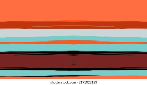 Orange, Brown Vector Watercolor Sailor Stripes Drawn Seamless Summer Pattern. Horizontal Brushstrokes Retro Vintage Grunge Fabric Fashion Design. Ink Painted Doodle Lines, Geometric Track Prints
