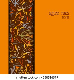 Orange brown vertical autumn border design. Vertical strip of twigs pattern background. Text place. Vector illustration.