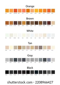 Orange, Brown, White, Tan, Gray and Black Color Shades Palette with Color Names Isolated Vector Illustration