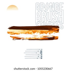 Orange brush stroke and texture. Grunge vector abstract hand - painted element. Underline and border design.