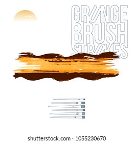 Orange brush stroke and texture. Grunge vector abstract hand - painted element. Underline and border design.