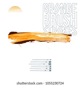 Orange brush stroke and texture. Grunge vector abstract hand - painted element. Underline and border design.