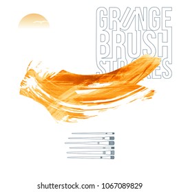 Orange brush stroke and texture. Grunge vector abstract hand - painted element. Underline and border design.
