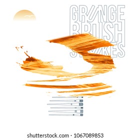 Orange brush stroke and texture. Grunge vector abstract hand - painted element. Underline and border design.