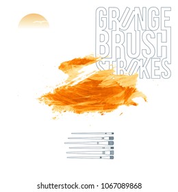 Orange brush stroke and texture. Grunge vector abstract hand - painted element. Underline and border design.