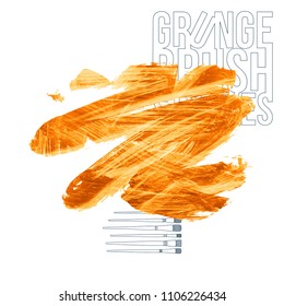 Orange brush stroke and texture. Grunge vector abstract hand - painted element. Underline and border design.