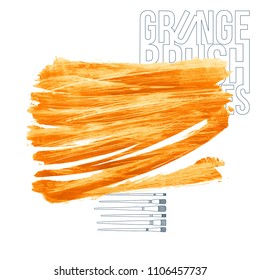 Orange brush stroke and texture. Grunge vector abstract hand - painted element. Underline and border design.