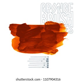Orange brush stroke and texture. Grunge vector abstract hand - painted element. Underline and border design.