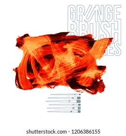 Orange brush stroke and texture. Grunge vector abstract hand - painted element. Underline and border design.
