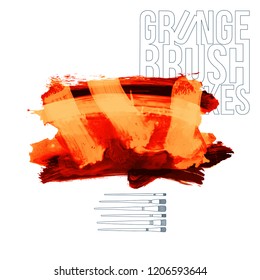 Orange brush stroke and texture. Grunge vector abstract hand - painted element. Underline and border design.