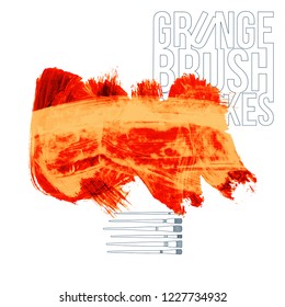Orange brush stroke and texture. Grunge vector abstract hand - painted element. Underline and border design.