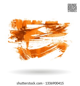 Orange brush stroke and texture. Grunge vector abstract hand - painted element. Underline and border design.