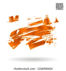 Orange brush stroke and texture. Grunge vector abstract hand - painted element. Underline and border design.