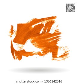 Orange brush stroke and texture. Grunge vector abstract hand - painted element. Underline and border design.