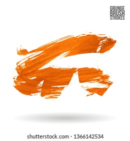 Orange brush stroke and texture. Grunge vector abstract hand - painted element. Underline and border design.