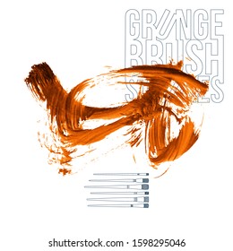 Orange brush stroke and texture. Grunge vector abstract hand - painted element. Underline and border design.