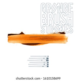 Orange brush stroke and texture. Grunge vector abstract hand - painted element. Underline and border design.