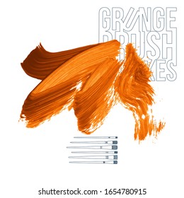 Orange brush stroke and texture. Grunge vector abstract hand - painted element. Underline and border design.