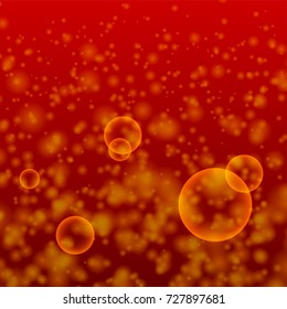 Orange bubble abstract background. Shiny glitter sparkle beverage backdrop. Golden bright magic shine lights. Dirty washing glowing. Vector blur confetti illustration.