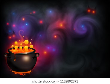 Orange bubbling witch brew in black pot on dark violet smoke and magic lights backdrop. Vector Halloween poster background.