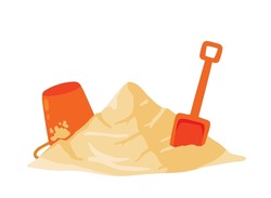 Orange Bucket And Scoop With Pile Of Sand. Children Play On Beach. Shovel Of Kids. Summer Holiday. Recreation And Entertainment. Cartoon Flat Illustration