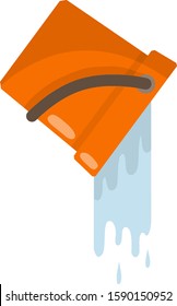 Orange bucket of water. Splash and splatter. Cleaning the house. Yellow object for washing. Blue puddle on the floor. Liquid pours out. Cartoon flat illustration