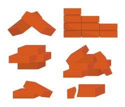Orangefarbene Bausteine. Cartoon-Flachbau Rot-Ziegelsteine Sammlung, Keramisch Braunes Material. Vektorcartoon Minimalistische Reihe Von Isolierten Objekten.
