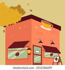 Orange building with a coffee cup sign and autumn leaves. Flat Vector Illustration
