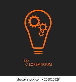 Orange bulb with gear wheels as logo on black background