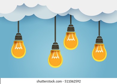 Orange bulb hang with a cloud on blue sky in bright creative idea for business concept and paper art style, vector art and illustration.