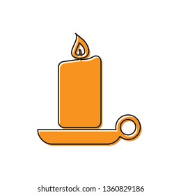 Orange Burning candle in candlestick icon isolated on white background. Old fashioned lit candle. Cylindrical aromatic candle stick with burning flame. Vector Illustration