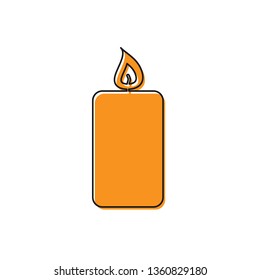 Orange Burning candle icon isolated on white background. Old fashioned lit candle. Cylindrical aromatic candle stick with burning flame. Vector Illustration
