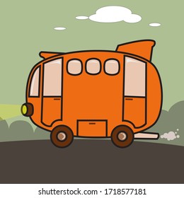 orangefarbener Bus, brauner Reifen emittiert im Abgas Rauch