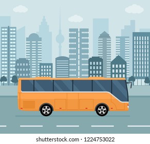 Orange bus on city background. Concept of public transport. Flat style vector illustration.