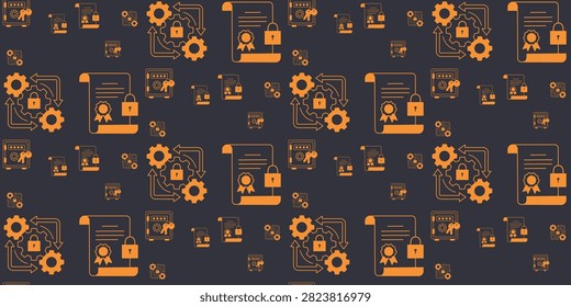 orange business analytics icons including charts gears and financial documents on a dark background for data visualization and finance use