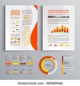 Orange business brochure template design with red and yellow waves. Cover layout and infographics