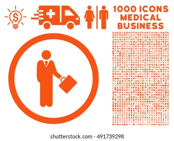 Orange Businessman vector rounded icon. Image style is a flat icon symbol inside a circle, white background. Bonus set has 1000 health care business elements.