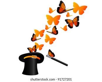 Orange butterflies flying in magic hat