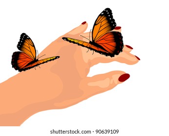 Orange butterflies on the hand