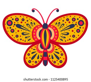 Orange butterfly with abstract pattern. Vector illustration isolated on white background.