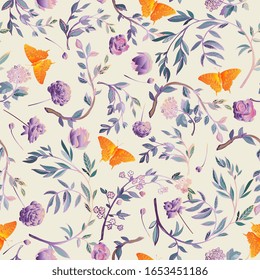 Orange butterfly framed by graceful floral branches seamless pattern. Vector illustration with lilac roses, lilies, lotuses, petals and leaves on a light beige, cream background.