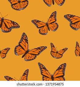 Orange butterfly monarch on a light orange background. seamless pattern. Vector illustration EPS 10.