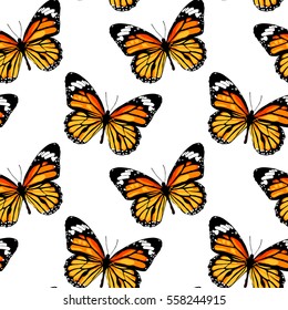 Orange Butterfly Monarch On A White Background. Seamless Pattern. Vector Illustration EPS 10. 