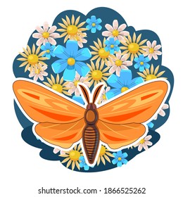 Orange butterfly on an abstract background with flowers. Bright beautiful composition. Isolated object on white. Vector.