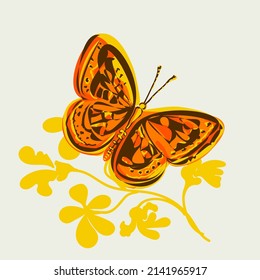 An orange butterfly on a green plant. Abstract animal with wings on an isolated background. Vintage vector illustration.