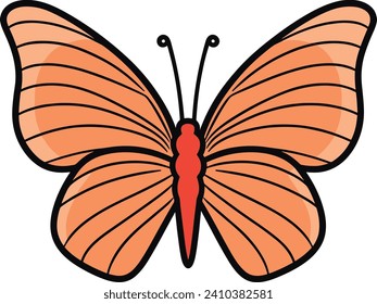 Orange butterfly with open wings, simple flat design. Biology, entomology, spring nature vector illustration.