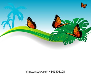 Orange butterfly sitting between green palm leaves