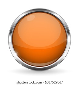 Orange button with chrome frame. Round glass shiny 3d icon. Vector illustration isolated on white background