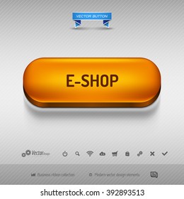 Orange button for webdesign or app on the gray background with shadow. Vector design elements.