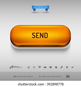 Orange button for webdesign or app on the gray background with shadow. Vector design elements.